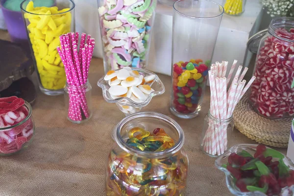 Sladký Candy Bar Tabulka Svatba — Stock fotografie