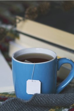 Bir fincan çay ve kitap bir sıcak sahne