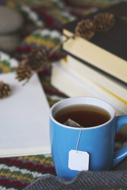 Bir fincan çay ve kitap bir sıcak sahne