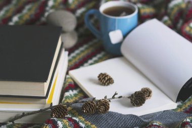 Bir fincan çay ve kitap bir sıcak sahne