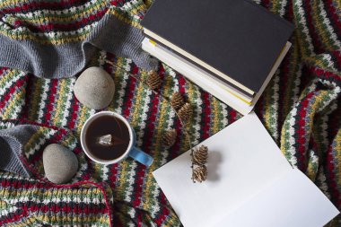 Bir fincan çay ve kitap bir sıcak sahne