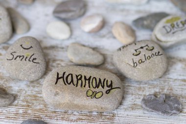 Life phylosophy words writen on round stones clipart