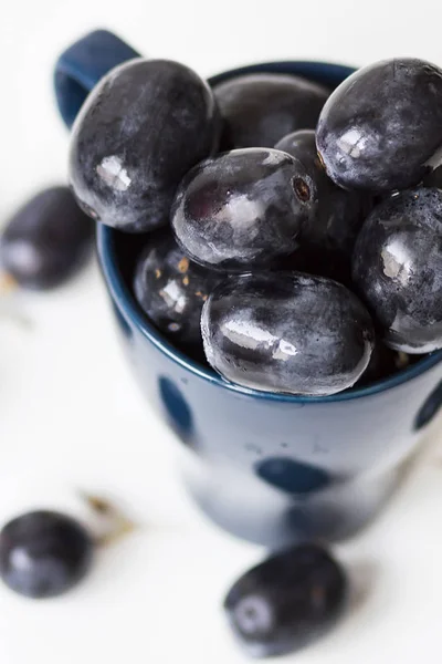 Eine Traube Großer Schwarzer Trauben Einer Blauen Tasse — Stockfoto