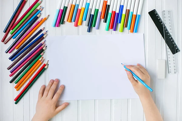 Child Hands Painted Colored Pencils White Sheet Paper Wooden Table — Stock Photo, Image