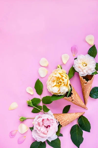 pink background with peonies and waffle cones, natural flavors