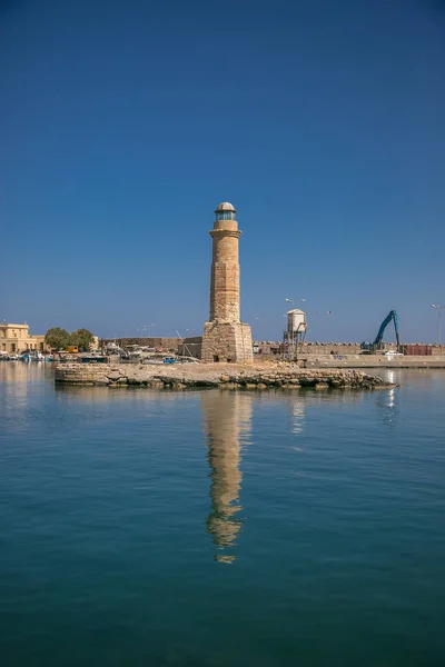 Harbor Lighthouse City Rethymno Crete Greece Boats Reflexions Waves Sea — Stock Photo, Image