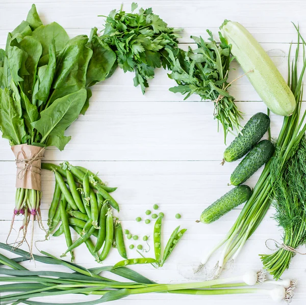 Composition White Background Green Organic Vegetarian Products Green Leafy Vegetables — Stock Photo, Image