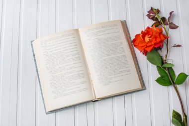 Beyaz ahşap zemin, romantik ve aşk, iletinizi alan açık kitap üzerine kırmızı gül çiçek.