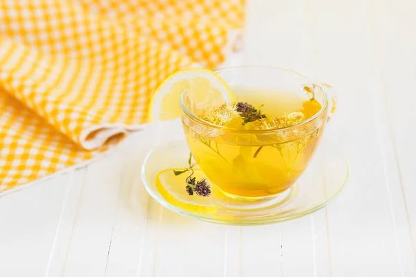 Cup Hot Tea Sacking Wooden Table Tea Plantations Background — Stock Photo, Image