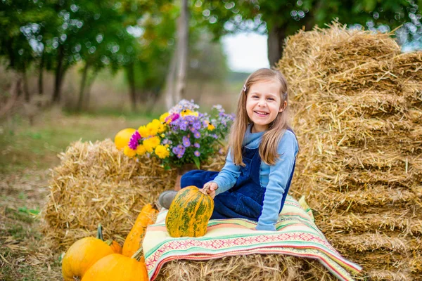 Funny Kids Background Hay Yellow Ripe Pumpkins — Stock Photo, Image