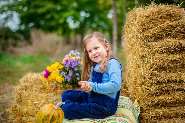 Funny Kids Background Hay Yellow Ripe Pumpkins — Stock Photo, Image