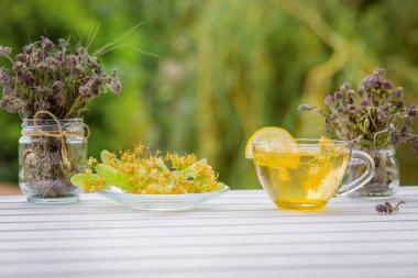 Ihlamur çiçek, bitki çayı, yüksek açı, bir metin için yer görüntüleyin. Beyaz bir masada.