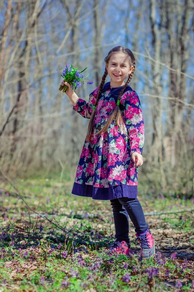 Portrait Beautiful Little Girl Corydalis Flowers Walking Spring Forest Sunny — Stock Photo, Image