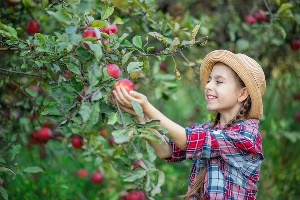 Porträt eines süßen Mädchens in einem Bauerngarten mit einem roten Apfel. — Stockfoto