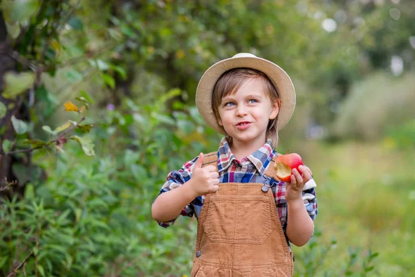 Retrato de un lindo niño en un sombrero en el jardín con una manzana roja, emociones, felicidad, comida. Cosecha de otoño de manzanas . —  Fotos de Stock