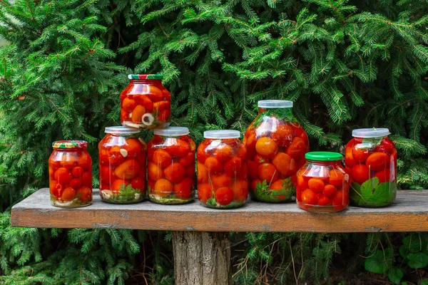 Produzione di pomodori in scatola nel barattolo — Foto Stock