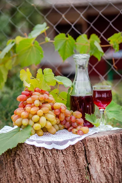 Arrangement in the garden with blue and green grapes, a glass of red drink and a bottle. — Stock Photo, Image