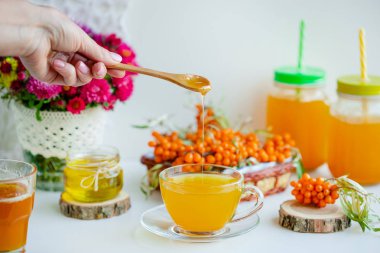 Beyaz arka plan, doğal ışıklandırma. Deniz dikeni meyveleri, kekik ve bal ile sıcak tatlı organik çay.