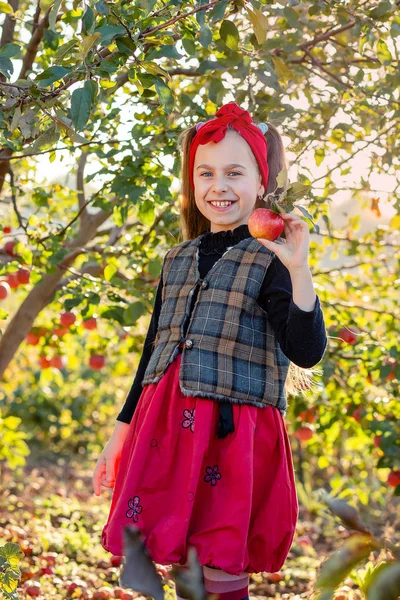 Potret seorang gadis cantik di sebuah kebun dengan apel merah di tangannya . — Stok Foto
