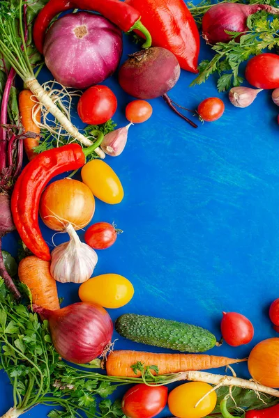 Composition with raw vegetables on a blue background. Frame of vegetables. — Stock Photo, Image