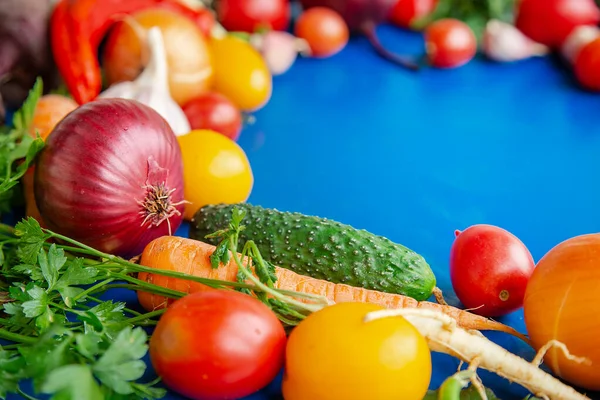 Composição com verduras cruas em um fundo azul. Quadro de verduras . — Fotografia de Stock