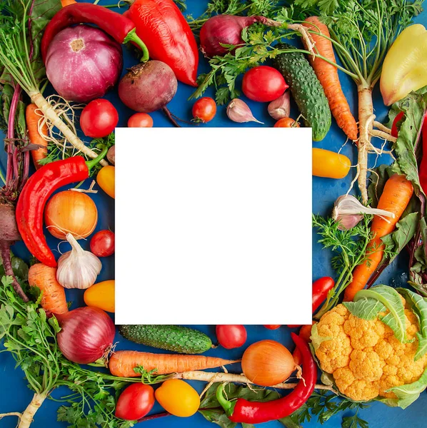 Összetétel nyers zöldségekkel kék alapon. Zöldségkeret. — Stock Fotó
