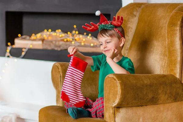Cute Boy Waiting Gift Santa Claus Christmas Tree Happy Childhood — Stock Photo, Image
