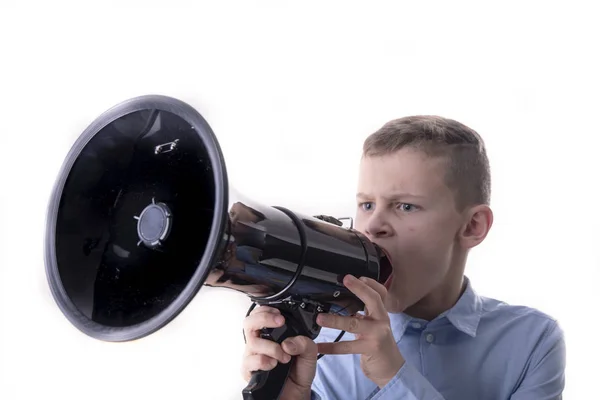 Menino Ruge Grande Megafone Preto Para Anunciar Algo Isolado Fundo — Fotografia de Stock