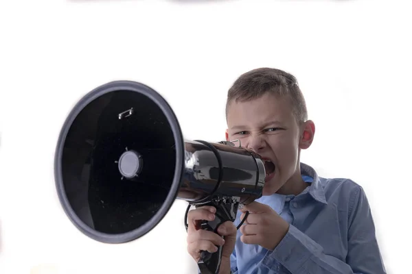 Boy Roars Big Black Megaphone Announce Something Isolated White Background — Stock Photo, Image