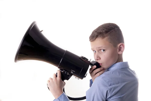 Menino Fala Sobre Telefone Celular Seu Megafone Olha Para Lado — Fotografia de Stock