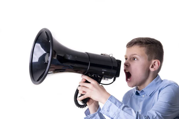 Pojke Samtal Megafon Med Munnen Slet Öppna Isolerade Vit Bakgrund — Stockfoto