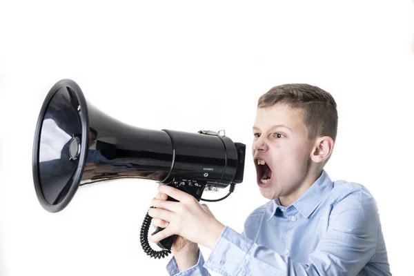 Menino Chama Megafone Com Boca Rasgada Isolada Fundo Branco — Fotografia de Stock