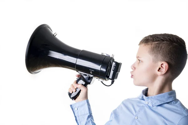 Menino Chama Megafone Com Boca Rasgada Isolada Fundo Branco — Fotografia de Stock