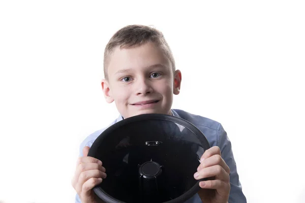 Boy Embraces Big Black Megaphone — Stock Photo, Image