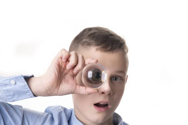 Menino Segura Uma Bola Vidro Frente Seu Olho Você Seu — Fotografia de Stock