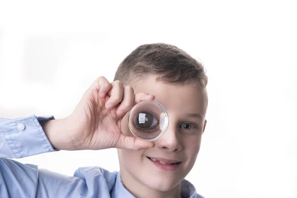 Boy Holds Glass Ball Front His Eye You See His — Stock Photo, Image