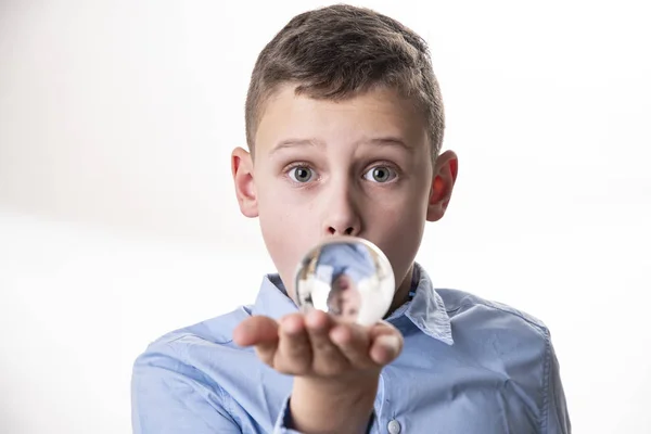 Boy Looks Future Glass Ball — Stock Photo, Image