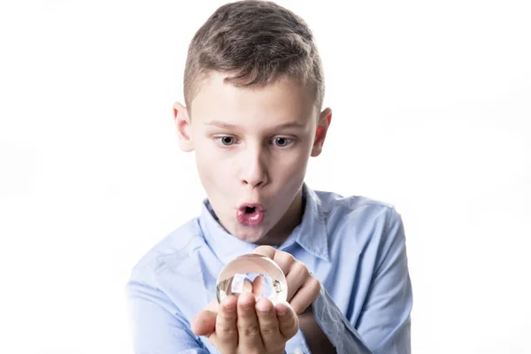 Boy Looks Totally Amazed Glass Ball Hopes Good Future — Stock Photo, Image