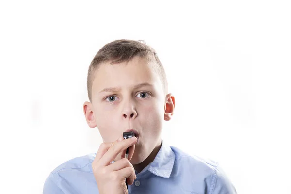 Boy Whistle White Background — Stock Photo, Image