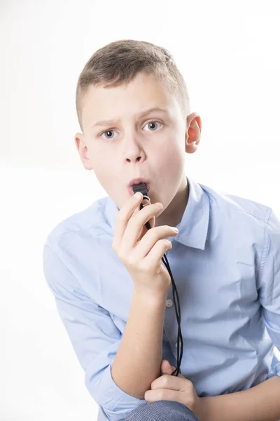 Boy Whistle White Background — Stock Photo, Image
