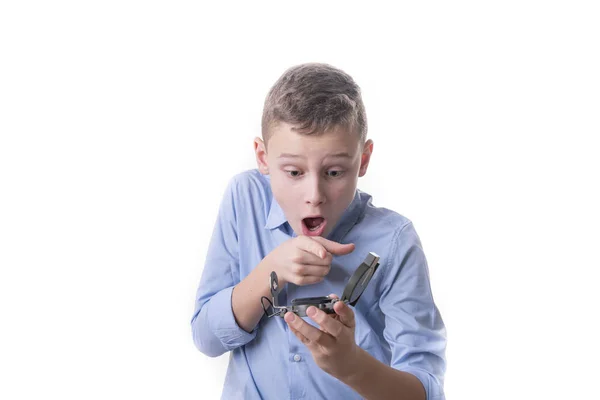 Boy Recognizes Compass His Hand Right Direction Future White Background — Stock Photo, Image