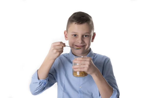 Boy Takes Propolis Bees Spoon Stay Healthy — Stock Photo, Image