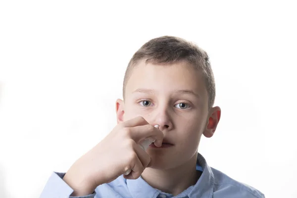 Boy Takes Nasal Spray Cold — Stock Photo, Image