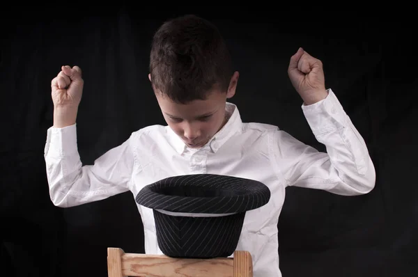 Boy White Shirt Black Background Conjures Hat — Stock Photo, Image