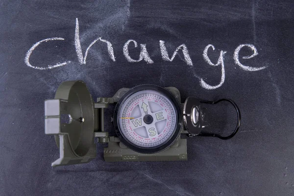 Life decisions compass with blackboard and the word change