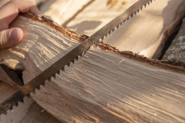 Hand hält ein Brennholz und zersägt es mit einer Laubsäge in die entsprechenden Stücke. — Stockfoto