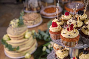 Düğün büfesi tatlı masa meyve kremalı kekler ve düğün pastası ile servis