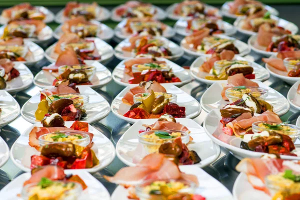 Caterer puts the starter on many plates with vegetables and antipasti