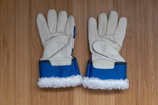 two garden gloves for children on wood with blue waistband