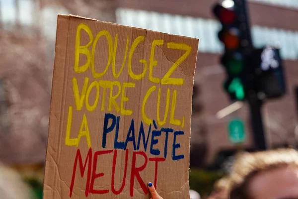 Еколог тримає французький плакат — стокове фото